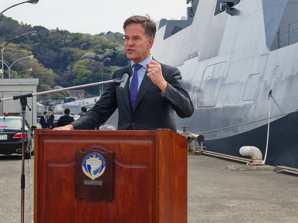 NATO Secretary-General Mark Rutte speaks after touring the Maritime Self-Defense Force's Mogami frigate at the Yokosuka Naval Base in Yokosuka, Kanagawa Prefecture, on Tuesday. NATO Secretary-General Mark Rutte speaks after touring the Maritime Self-Defense Force's Mogami frigate at the Yokosuka Naval Base in Yokosuka, Kanagawa Prefecture, on Tuesday.