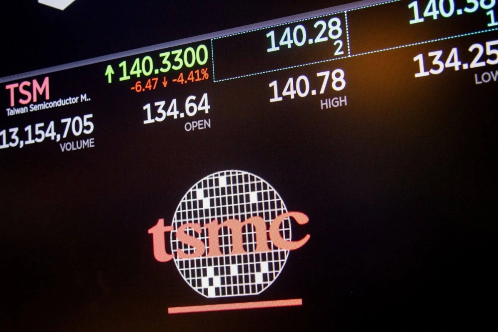 Taiwan Semiconductor Manufacturing Company (TSMC) signage on the floor of the New York Stock Exchange on Monday. TSMC could face a penalty of $1 billion or more to settle a U.S. export control investigation over a chip it made that ended up inside a Huawei artificial intelligence processor,  Taiwan Semiconductor Manufacturing Company (TSMC) signage on the floor of the New York Stock Exchange on Monday. TSMC could face a penalty of $1 billion or more to settle a U.S. export control investigation over a chip it made that ended up inside a Huawei artificial intelligence processor,