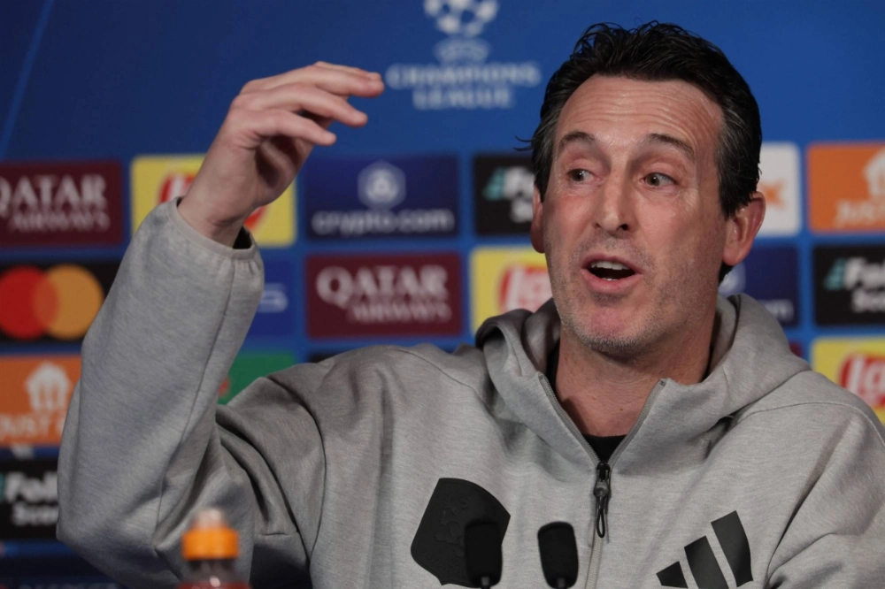 Aston Villa head coach Unai Emery gives a press conference on the eve of the UEFA Champions League quarterfinal first leg against Paris Saint-Germain at the Parc des Princes stadium in Paris, on Tuesday. Aston Villa head coach Unai Emery gives a press conference on the eve of the UEFA Champions League quarterfinal first leg against Paris Saint-Germain at the Parc des Princes stadium in Paris, on Tuesday.