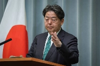 Cabinet Secretary Yoshimasa Hayashi speaks at a news conference at the Prime Minister's Office on Monday. | Jiji