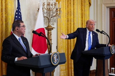 U.S. President Donald Trump and Prime Minister Shigeru Ishiba hold a news conference at the White House in Washington on Feb. 7. Tokyo's focus on economic strength to promote security contrasts with Washington's current era of unpredictability. U.S. President Donald Trump and Prime Minister Shigeru Ishiba hold a news conference at the White House in Washington on Feb. 7. Tokyo's focus on economic strength to promote security contrasts with Washington's current era of unpredictability.