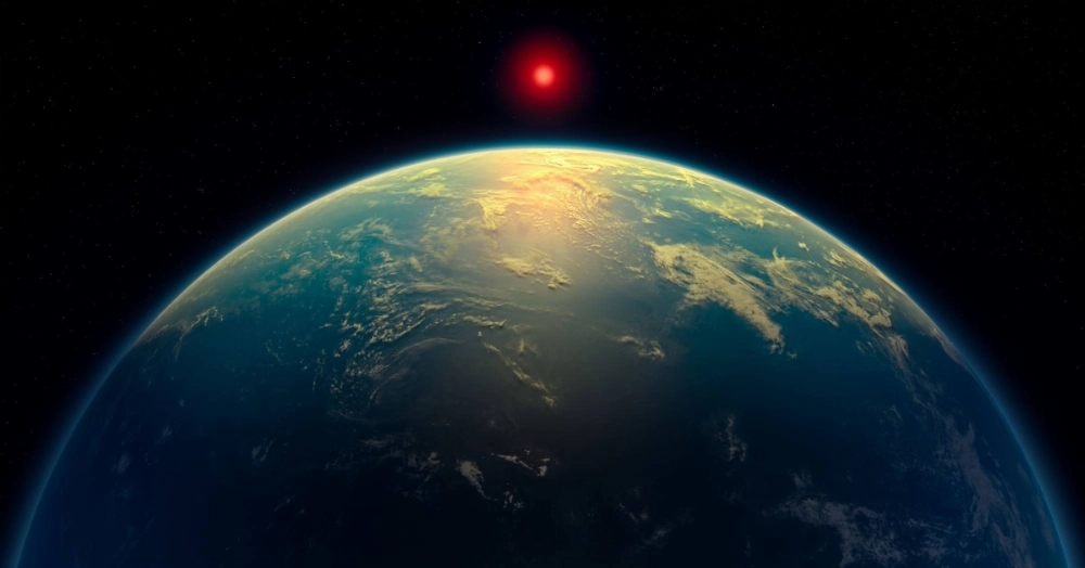 A handout artist's impression released on Thursday by N. Madhusudhan/University of Cambridge shows the K2-18b super-Earth, a hycean world, in which astronomers say they have found the strongest yet “hints” of life outside our solar system. A handout artist's impression released on Thursday by N. Madhusudhan/University of Cambridge shows the K2-18b super-Earth, a hycean world, in which astronomers say they have found the strongest yet “hints” of life outside our solar system.