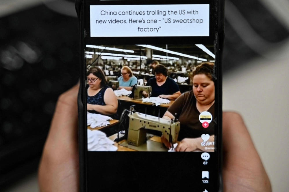 A video circulating on Chinese social media depicting a "U.S. sweatshop"  A video circulating on Chinese social media depicting a "U.S. sweatshop"