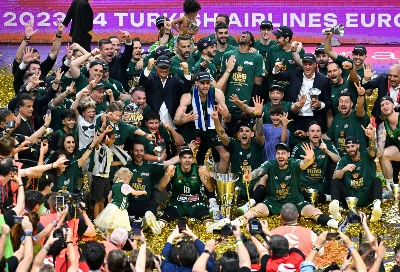 Panathinaikos BC celebrates after winning the Euroleague title in Berlin on May, 26, 2024. Panathinaikos BC celebrates after winning the Euroleague title in Berlin on May, 26, 2024.