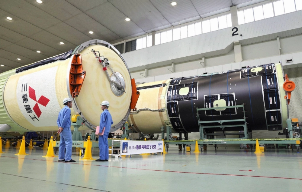 The 50th two-stage H-2A rocket is stored at Mitsubishi Heavy Industries' Tobishima plant in Aichi Prefecture.  The 50th two-stage H-2A rocket is stored at Mitsubishi Heavy Industries' Tobishima plant in Aichi Prefecture.