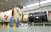 The 50th two-stage H-2A rocket is stored at Mitsubishi Heavy Industries' Tobishima plant in Aichi Prefecture.  | Jiji