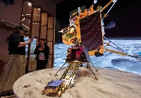 The long-awaited India Pavilion has finally opened. A model of the Chandrayaan-3 unmanned probe, which made an unprecedented landing near the moon's south pole in 2023, is displayed, on Thursday in the city of Osaka. | Jiji