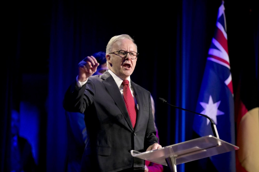 Australian Prime Minister Anthony Albanese speaks at the Labor Party's election night event in Sydney on Saturday.  Australian Prime Minister Anthony Albanese speaks at the Labor Party's election night event in Sydney on Saturday.