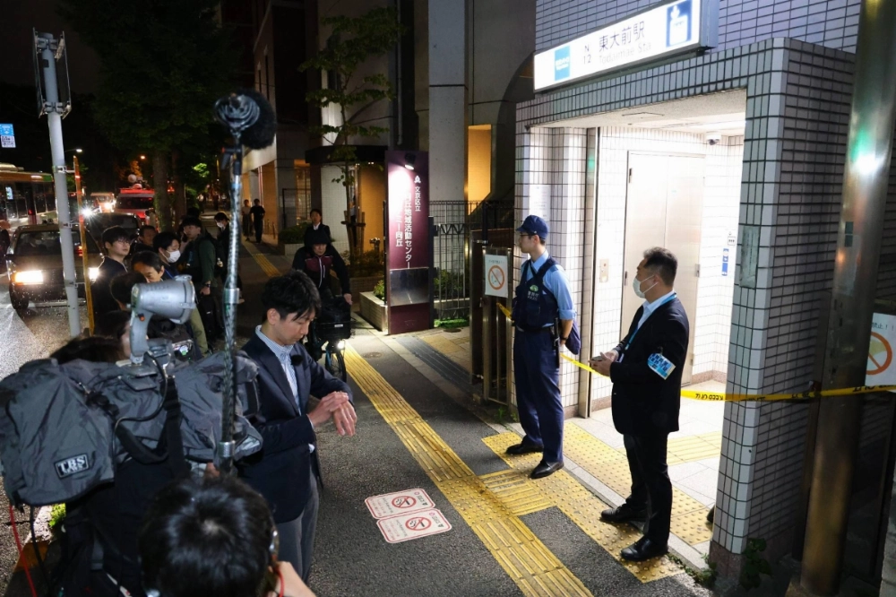 Police outside Todaimae Station on the Namboku Line on Wednesday evening after a knife attack at the station   Police outside Todaimae Station on the Namboku Line on Wednesday evening after a knife attack at the station