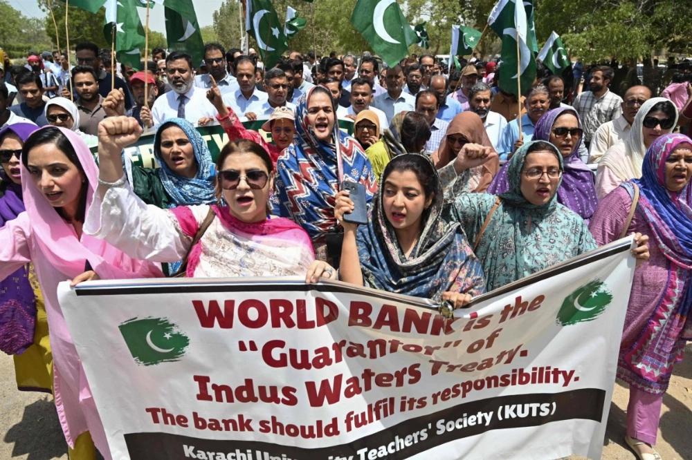 Teachers and students from Karachi University take part in an anti-India protest on April 28. Pakistan has warned that any attempt by India to stop water supplies from the Indus River could be seen as an "act of war." Teachers and students from Karachi University take part in an anti-India protest on April 28. Pakistan has warned that any attempt by India to stop water supplies from the Indus River could be seen as an "act of war."