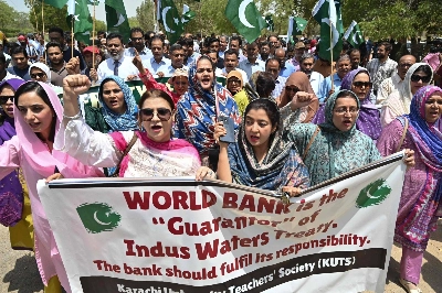 Teachers and students from Karachi University take part in an anti-India protest on April 28. Pakistan has warned that any attempt by India to stop water supplies from the Indus River could be seen as an "act of war." Teachers and students from Karachi University take part in an anti-India protest on April 28. Pakistan has warned that any attempt by India to stop water supplies from the Indus River could be seen as an "act of war."