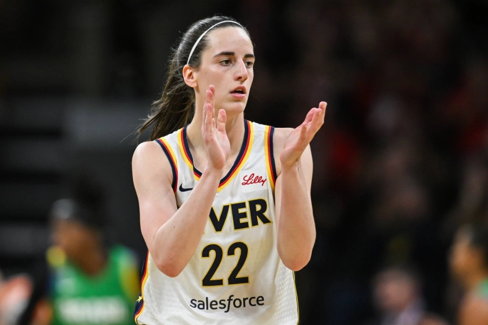 Fever guard Caitlin Clark reacts during the first quarter of a game against the Brazilian national team in Iowa City, Iowa, on Sunday. Fever guard Caitlin Clark reacts during the first quarter of a game against the Brazilian national team in Iowa City, Iowa, on Sunday.