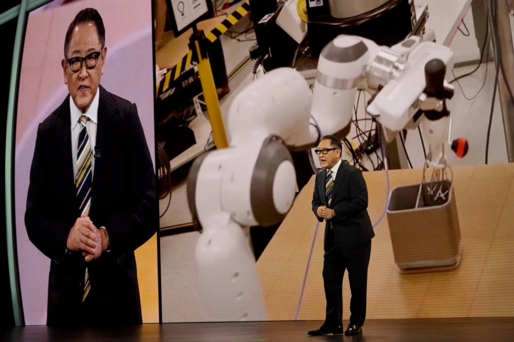 Toyota Chairman Akio Toyoda speaks during the 2025 CES event in Las Vegas in January.  Toyota Chairman Akio Toyoda speaks during the 2025 CES event in Las Vegas in January.