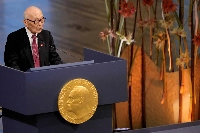 Terumi Tanaka, one of the representatives of 2024 Nobel Peace Prize winner Nihon Hidankyo, speaks during the prize ceremony in Oslo in December. | NTB / Javad Parsa / via REUTERS