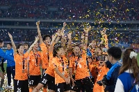 Wuhan Jiangda players celebrate their victory over Melbourne City in the final of the AFC Women's Champions League in Wuhan, China, on Saturday.  | AFP-JIJI