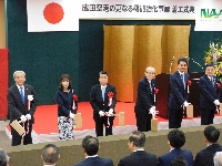 The ground-breaking ceremony for full-scale construction to enhance Narita Airport’s capacity is held Sunday at the facility in Chiba Prefecture, with Narita International Airport President Akihiko Tamura (far left) and others in attendance. | JIJI