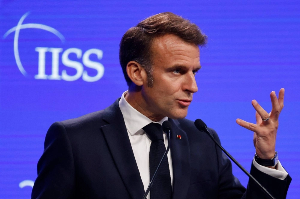 French President Emmanuel Macron gives the keynote address of the Shangri-La Dialogue summit in Singapore on Friday. French President Emmanuel Macron gives the keynote address of the Shangri-La Dialogue summit in Singapore on Friday.
