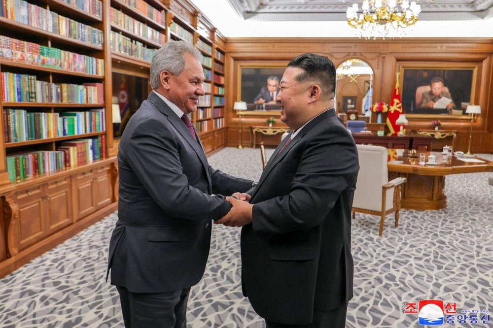 North Korean leader Kim Jong Un greets the Russian Security Council head Sergei Shoigu in Pyongyang on Wednesday.  North Korean leader Kim Jong Un greets the Russian Security Council head Sergei Shoigu in Pyongyang on Wednesday.