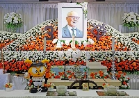 A portrait of legendary Japanese baseball star Shigeo Nagashima is displayed at his funeral in Tokyo on Sunday.  | JIJI
