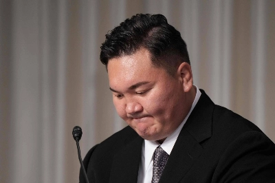 Former yokozuna Hakuho gives a news conference to announce his retirement from the Japan Sumo Association and reveal his future plans in Tokyo on Monday. Former yokozuna Hakuho gives a news conference to announce his retirement from the Japan Sumo Association and reveal his future plans in Tokyo on Monday.
