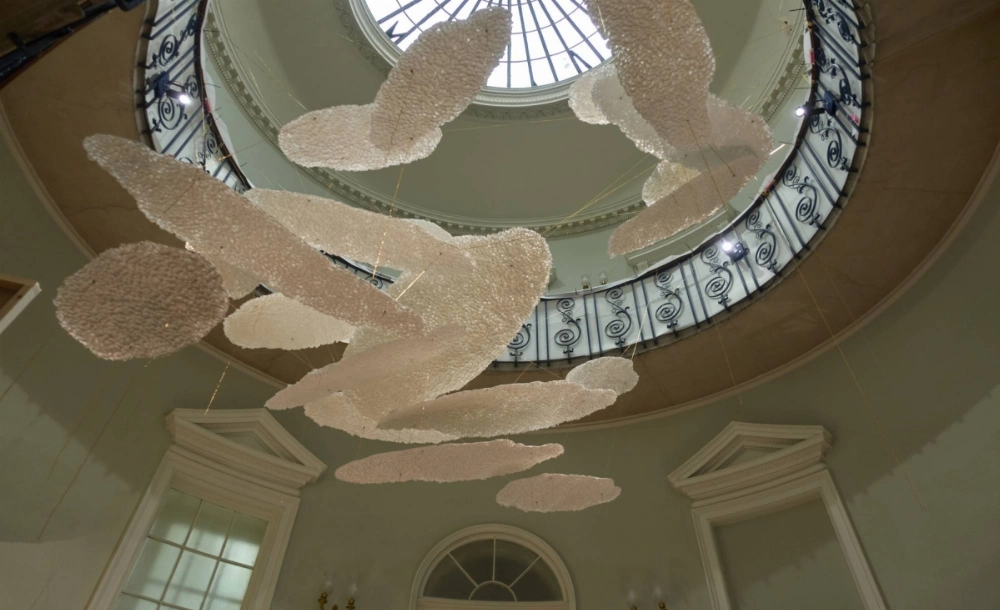 To ensure no damage occurs to the historic Nelson Stair, the delicate washi paper clouds are made to weigh only about half a kilogram each. To ensure no damage occurs to the historic Nelson Stair, the delicate washi paper clouds are made to weigh only about half a kilogram each.