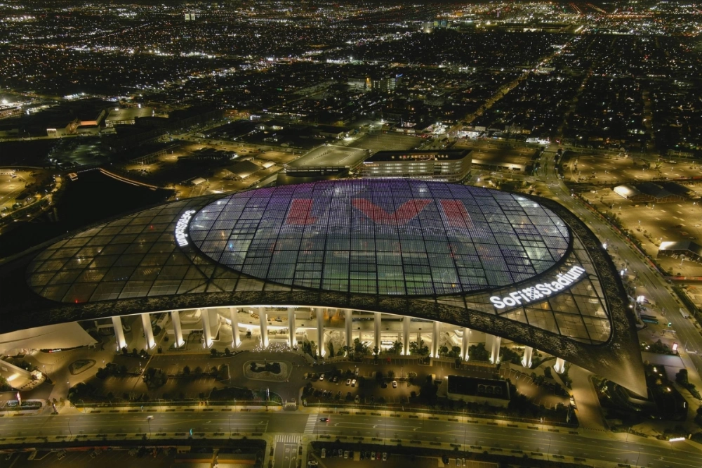 An aerial view of SoFi Staidum in the weeks leading up to its hosting of the Super Bowl, in January 2022.  An aerial view of SoFi Staidum in the weeks leading up to its hosting of the Super Bowl, in January 2022.