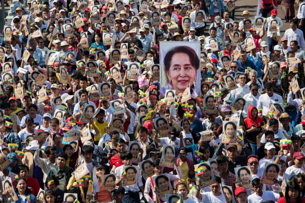 People participate in a rally in support of Aung San Suu Kyi in Yangon, Myanmar, in 2019.  People participate in a rally in support of Aung San Suu Kyi in Yangon, Myanmar, in 2019.