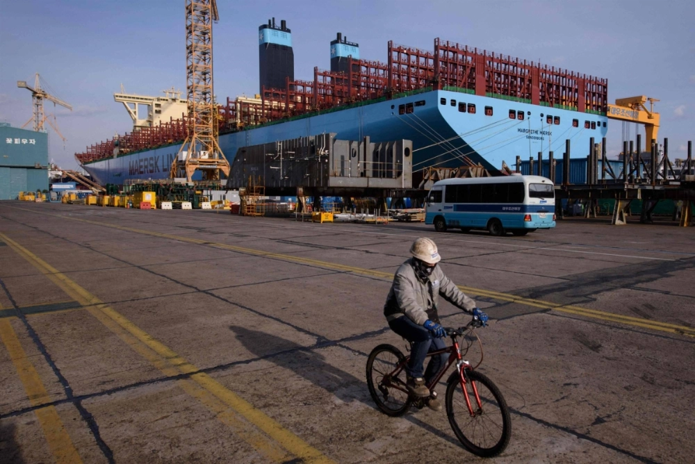 An under-construction container ship sits at the Daewoo DSME shipyard in Okpo, South Korea, in December 2014.  An under-construction container ship sits at the Daewoo DSME shipyard in Okpo, South Korea, in December 2014.