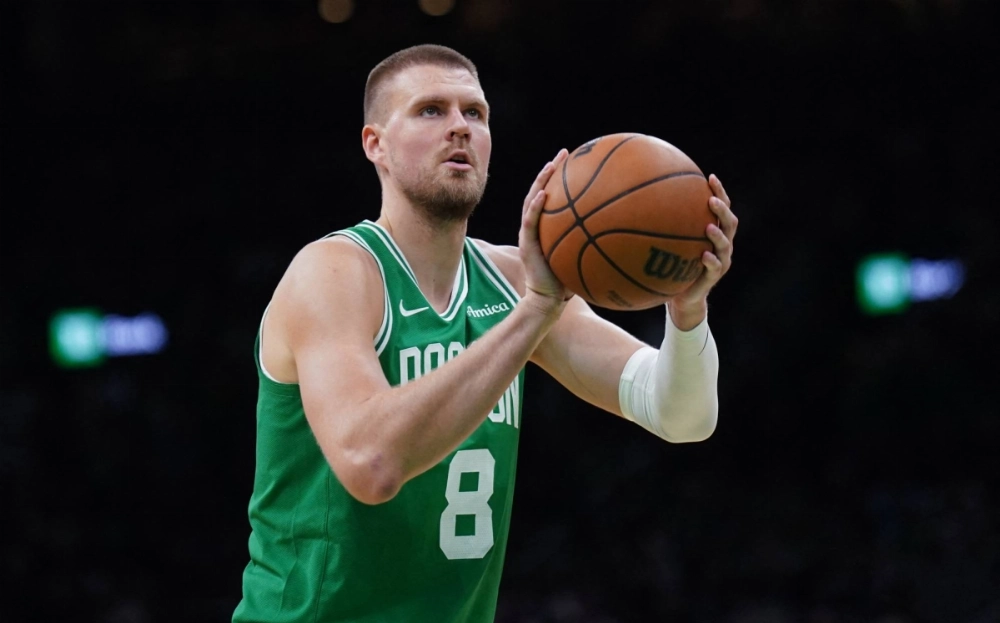 Celtics center Kristaps Porzingis shoots a free throw during a playoff game against the Knicks on May 7.  Celtics center Kristaps Porzingis shoots a free throw during a playoff game against the Knicks on May 7.