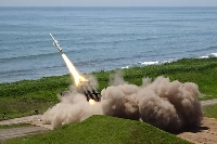 A single Type-88 missile is tested off the coast at the Ground Self-Defense Force's Shizunai anti-aircraft firing range in Shinhidaka, Hokkaido, on Tuesday. | The Ground Self-Defense Force / via AFP-Jiji