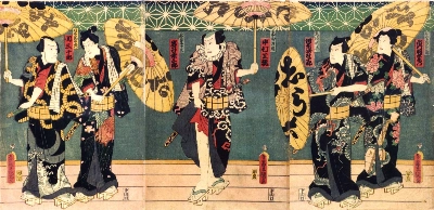 An illustration of a scene from the fourth act of "Aoto Zōshi Hana no Nishiki-e" by Toyokuni Utagawa III (1862). An illustration of a scene from the fourth act of "Aoto Zōshi Hana no Nishiki-e" by Toyokuni Utagawa III (1862).