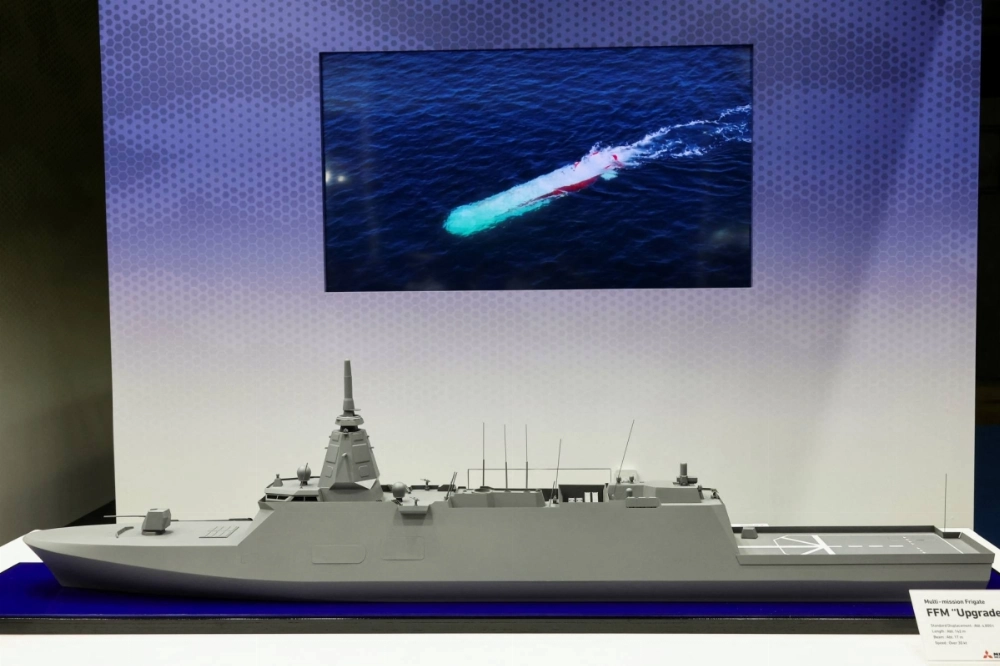 A mock-up of Japan's upgraded Mogami-class frigate is displayed during the DSEI exhibition at Makuhari Messe in the city of Chiba on May 21. A mock-up of Japan's upgraded Mogami-class frigate is displayed during the DSEI exhibition at Makuhari Messe in the city of Chiba on May 21.