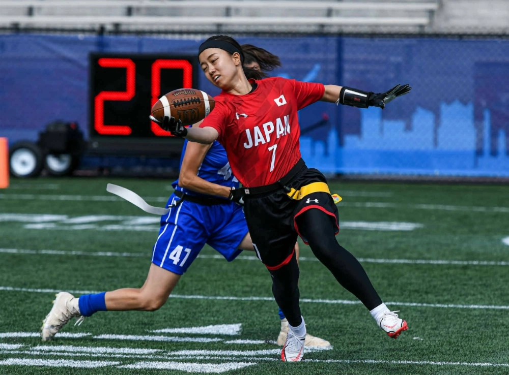 Japan’s women’s flag football team at the 2025 International Bowl in Los Angeles in June. The sport is enjoying continued growth in the country. Japan’s women’s flag football team at the 2025 International Bowl in Los Angeles in June. The sport is enjoying continued growth in the country.
