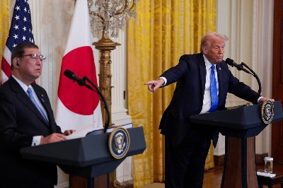 Prime Minister Shigeru Ishiba and U.S. President Donald Trump hold a news conference at the White House on Feb. 7. Trade disputes, defense disagreements and diverging views on the Middle East have strained U.S.-Japan relations. Prime Minister Shigeru Ishiba and U.S. President Donald Trump hold a news conference at the White House on Feb. 7. Trade disputes, defense disagreements and diverging views on the Middle East have strained U.S.-Japan relations.