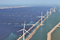 Solar panels and wind turbines at the Huaneng Binzhou new energy power generation project in China's eastern Shandong province on June 11 | AFP-JIJI