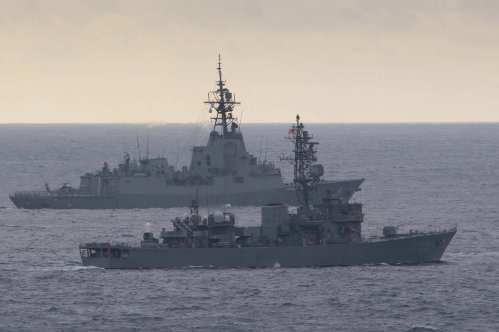 The Maritime Self-Defense Force's Abukuma-class destroyer Chikuma (front) and the Australian Navy's Hobart-class guided-missile destroyer Brisbane sail in formation during a military exercise in the Pacific Ocean in November 2023. The Maritime Self-Defense Force's Abukuma-class destroyer Chikuma (front) and the Australian Navy's Hobart-class guided-missile destroyer Brisbane sail in formation during a military exercise in the Pacific Ocean in November 2023.