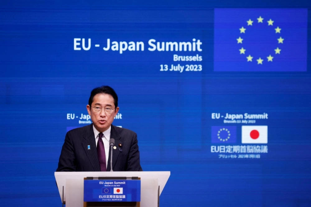 Former Prime Minister Fumio Kishida attends the EU-Japan summit in Brussels in July 2023. Economic cooperation between the EU, Japan and the Comprehensive and Progressive Agreement for Trans-Pacific Partnership is showing promise but faces political and structural hurdles that could limit progress. Former Prime Minister Fumio Kishida attends the EU-Japan summit in Brussels in July 2023. Economic cooperation between the EU, Japan and the Comprehensive and Progressive Agreement for Trans-Pacific Partnership is showing promise but faces political and structural hurdles that could limit progress.