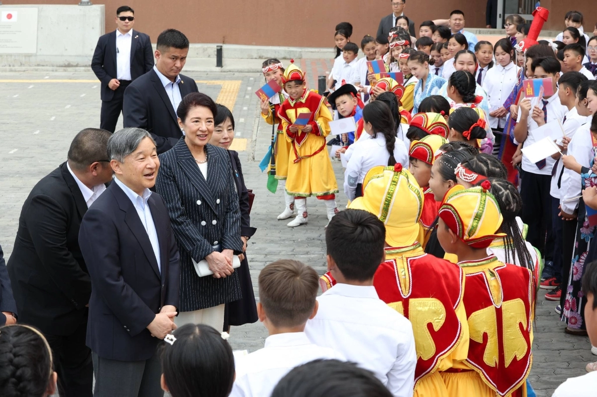 Emperor Naruhito and Empress Masako interact with students at a public school in Ulaanbaatar on Wednesday. Emperor Naruhito and Empress Masako interact with students at a public school in Ulaanbaatar on Wednesday.