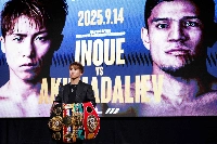 Naoya Inoue following a news conference in Tokyo. Inoue will face Murodjon Akhmadaliev in Nagoya in September.  | AFP-JIJI