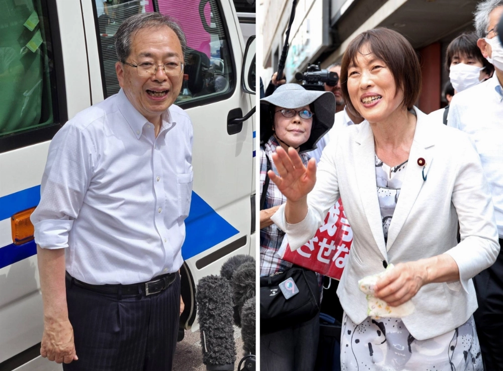 Komeito leader Tetsuo Saito (left) and Japanese Communist Party leader Tomoko Tamura and their parties are stepping up efforts to reach out beyond their traditional organizational base. Komeito leader Tetsuo Saito (left) and Japanese Communist Party leader Tomoko Tamura and their parties are stepping up efforts to reach out beyond their traditional organizational base.