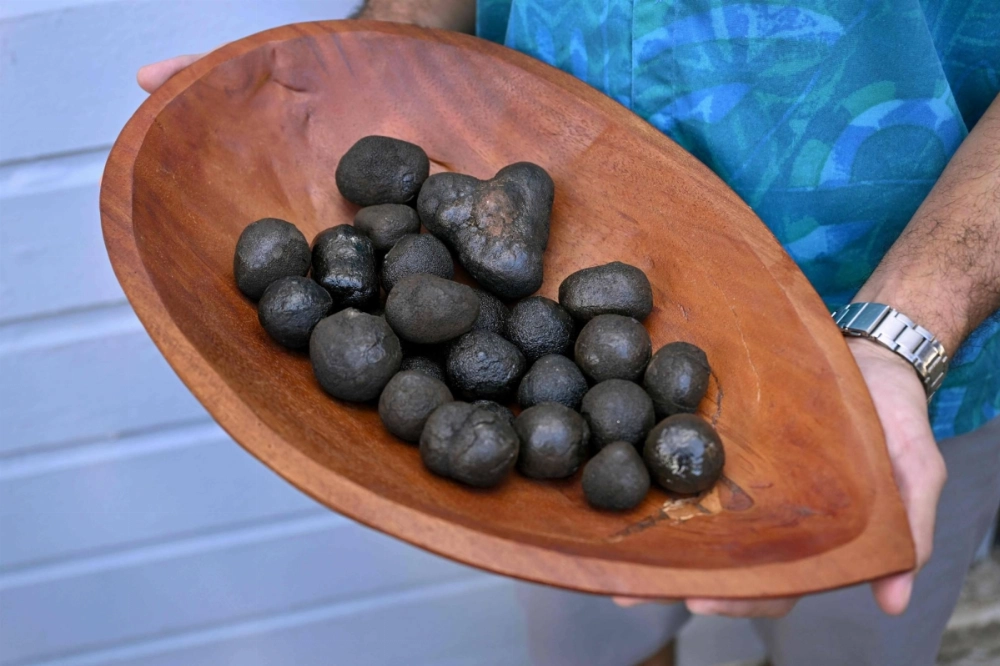 Polymetallic nodules — bulbous lumps of rock that are rich in battery metals such as cobalt and nickel which carpet huge tracts of Pacific Ocean seabed — in Rarotonga in the Cook Islands on June 12. Polymetallic nodules — bulbous lumps of rock that are rich in battery metals such as cobalt and nickel which carpet huge tracts of Pacific Ocean seabed — in Rarotonga in the Cook Islands on June 12.