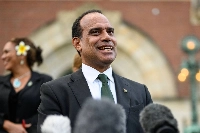 Vanuatuan Climate Change Minister Ralph Regenvanu speaks to the media after the ICJ issued its advisory opinion on Wednesday. | AFP-JIJI