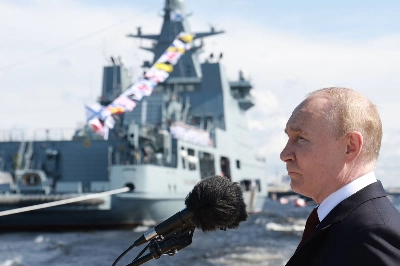 Russia’s President Vladimir Putin attends the main naval parade marking Russian Navy Day in St. Petersburg on July 28, 2024. The Kremlin said it has canceled this year’s annual navy parade, citing security concerns amid the Ukraine war. Russia’s President Vladimir Putin attends the main naval parade marking Russian Navy Day in St. Petersburg on July 28, 2024. The Kremlin said it has canceled this year’s annual navy parade, citing security concerns amid the Ukraine war.