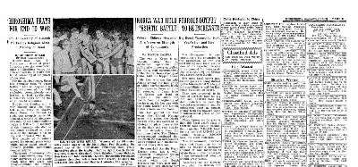 In August 1950, The Japan Times reported on the canceling of Hiroshima's fifth annual peace ceremony due to the Korean War. In August 1950, The Japan Times reported on the canceling of Hiroshima's fifth annual peace ceremony due to the Korean War.
