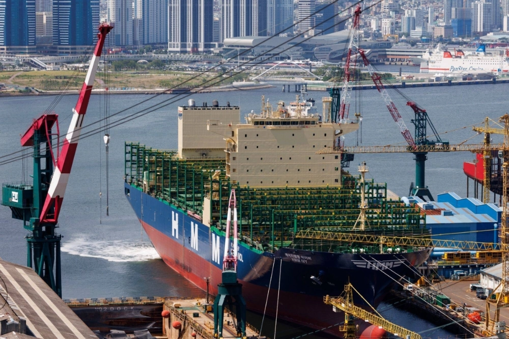 A Hyundai Merchant Marine container ship under construction at the HJ Shipbuilding & Construction shipyard in Busan, South Korea, on July 22 A Hyundai Merchant Marine container ship under construction at the HJ Shipbuilding & Construction shipyard in Busan, South Korea, on July 22
