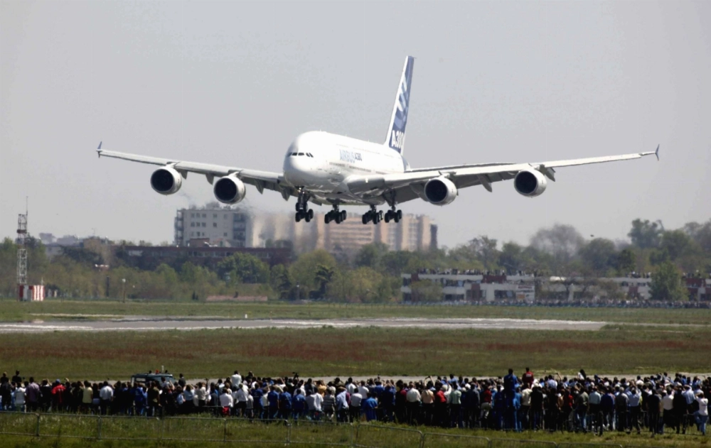 An Airbus A380 airplane during its maiden flight in France in 2005 An Airbus A380 airplane during its maiden flight in France in 2005