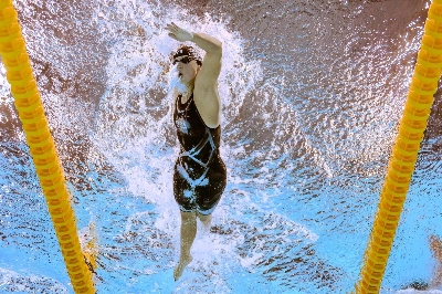 Katie Ledecky competes in the final of the women's 1500m freestyle swimming event during the 2025 World Aquatics Championships in Singapore on Monday. Katie Ledecky competes in the final of the women's 1500m freestyle swimming event during the 2025 World Aquatics Championships in Singapore on Monday.