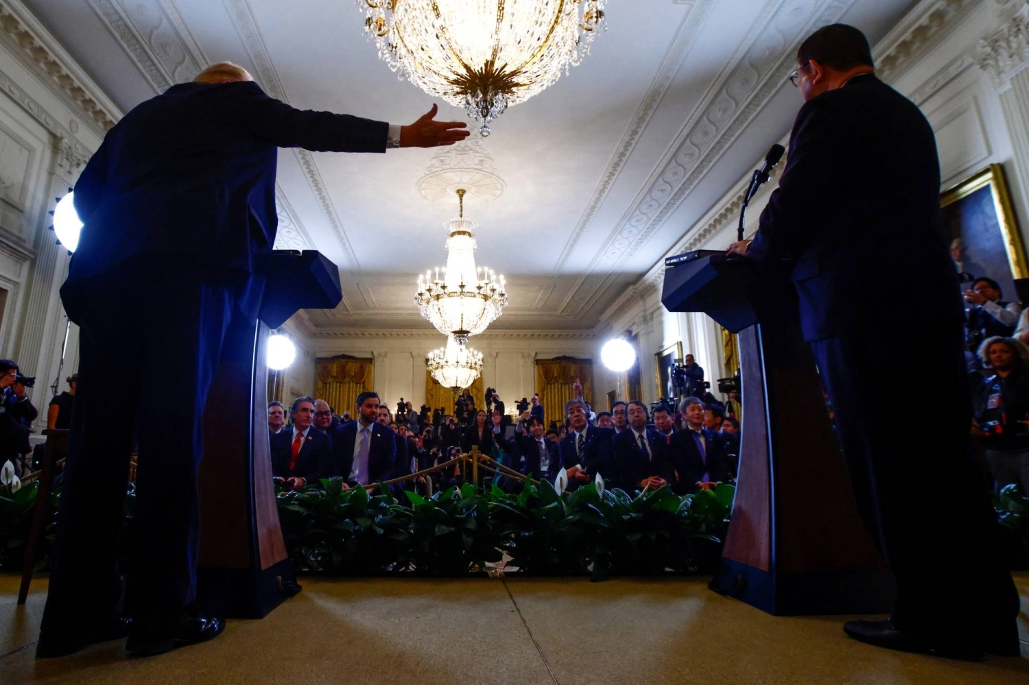 U.S. President Donald Trump holds a joint press conference with Prime Minister Shigeru Ishiba at the White House in Washington on Feb. 7.  U.S. President Donald Trump holds a joint press conference with Prime Minister Shigeru Ishiba at the White House in Washington on Feb. 7.