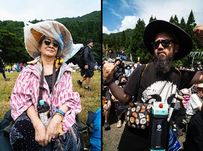 Left to right: A woman repurposes a garbage bag to protect her hat from the rain; having a hat and a beverage close at hand is a festival must. Left to right: A woman repurposes a garbage bag to protect her hat from the rain; having a hat and a beverage close at hand is a festival must.
