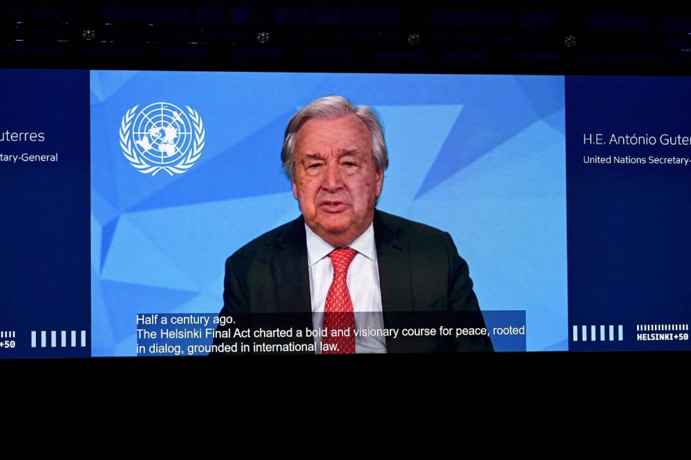 U.N. Secretary General Antonio Guterres speaks via a video message during the opening of the Helsinki  50 Conference, marking the 50th anniversary of the Helsinki Final Act in Helsinki on Thursday. U.N. Secretary General Antonio Guterres speaks via a video message during the opening of the Helsinki  50 Conference, marking the 50th anniversary of the Helsinki Final Act in Helsinki on Thursday.